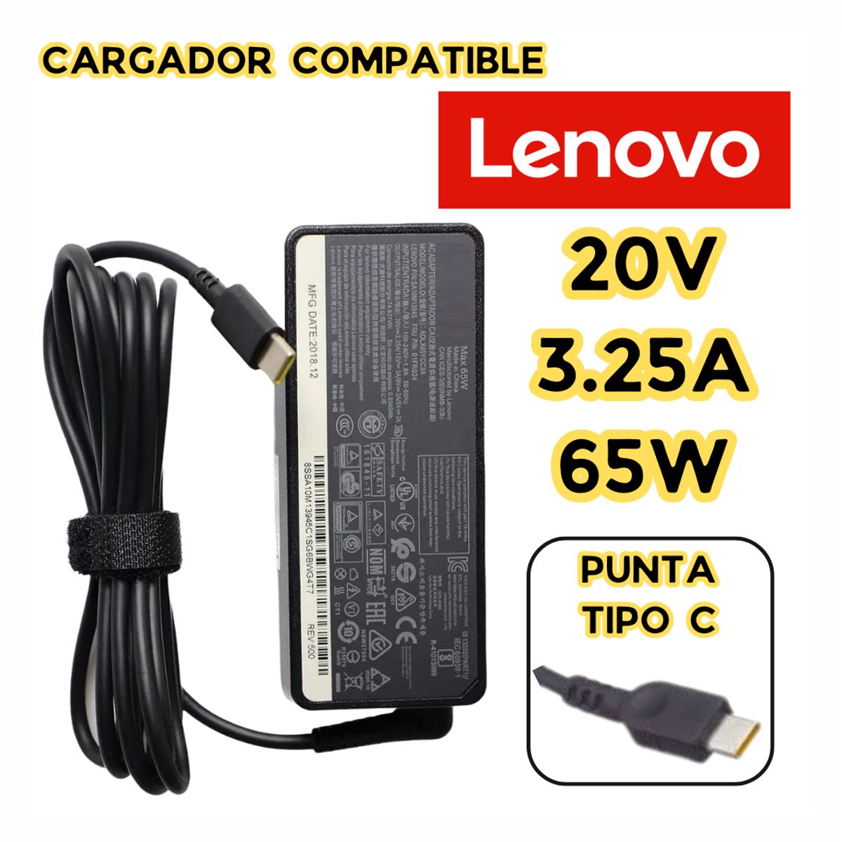 GENERICO - CARGADOR PARA LAPTOP LENOVO 20V 3.25A  65W TIPO C