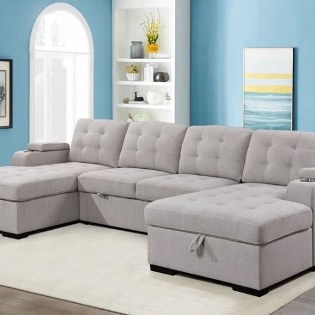 GENERICO - Sofá Seccional Cama Marisol + Portavasos + Baúl 4 Cuerpos - Beige