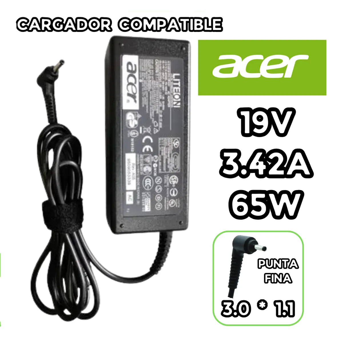 GENERICO - CARGADOR PARA LAPTOP ACER 19V 3.42A  65W 3.0*1.1 PUNTA FINA