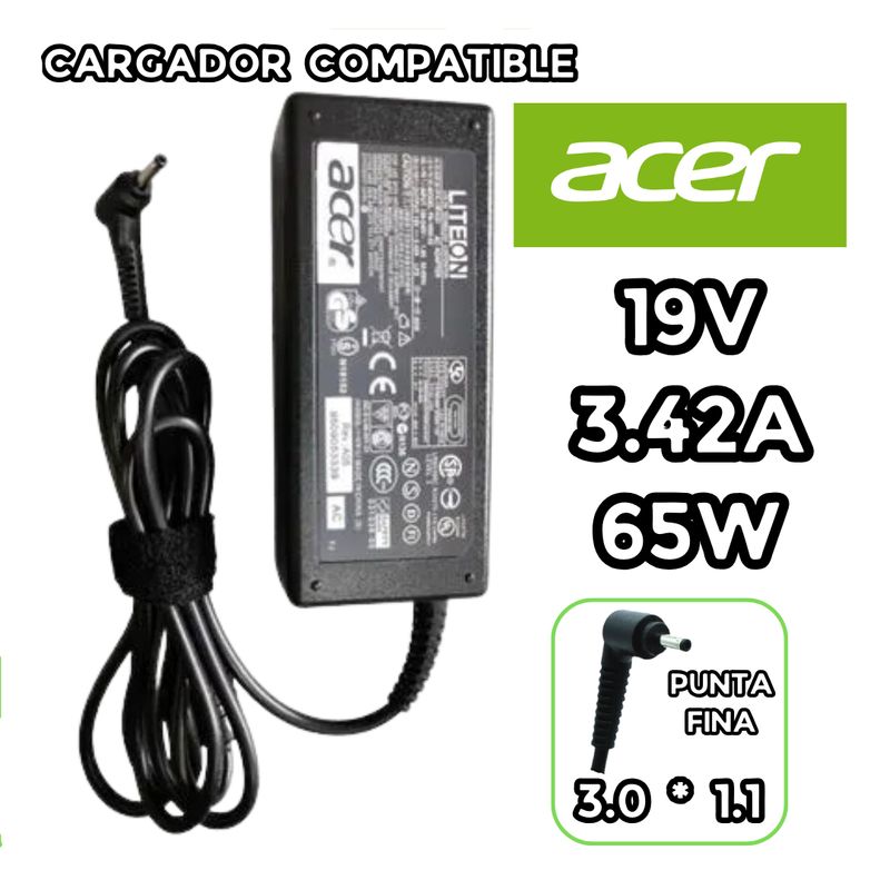 GENERICO - CARGADOR PARA LAPTOP ACER 19V 3.42A  65W 3.0*1.1 PUNTA FINA