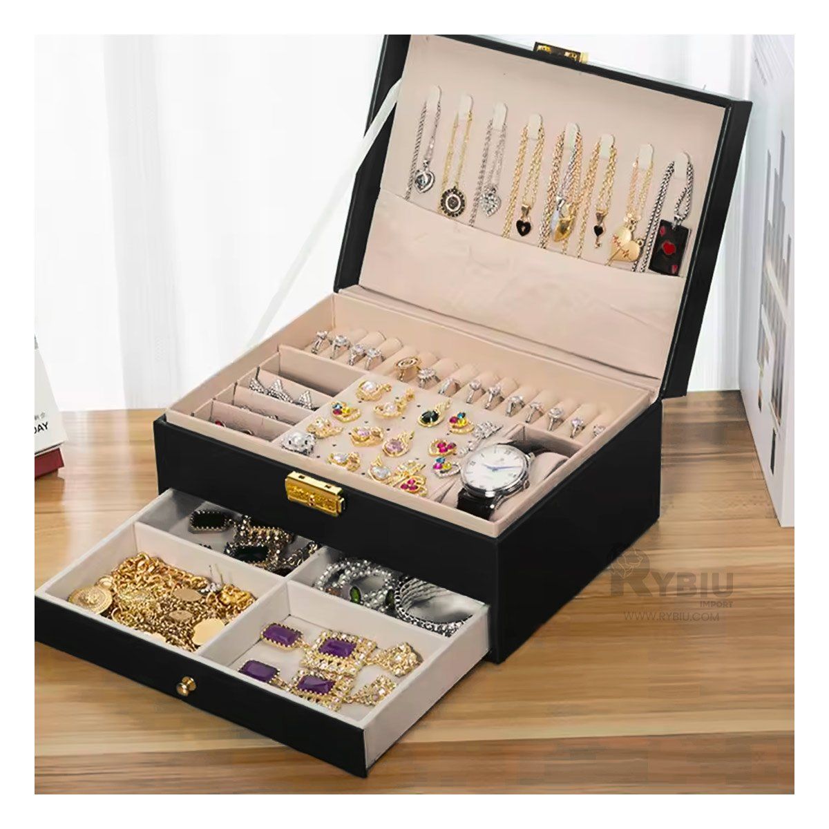 RYBIU IMPORT - Joyero 2 Compartimentos con Llave en Color Negro