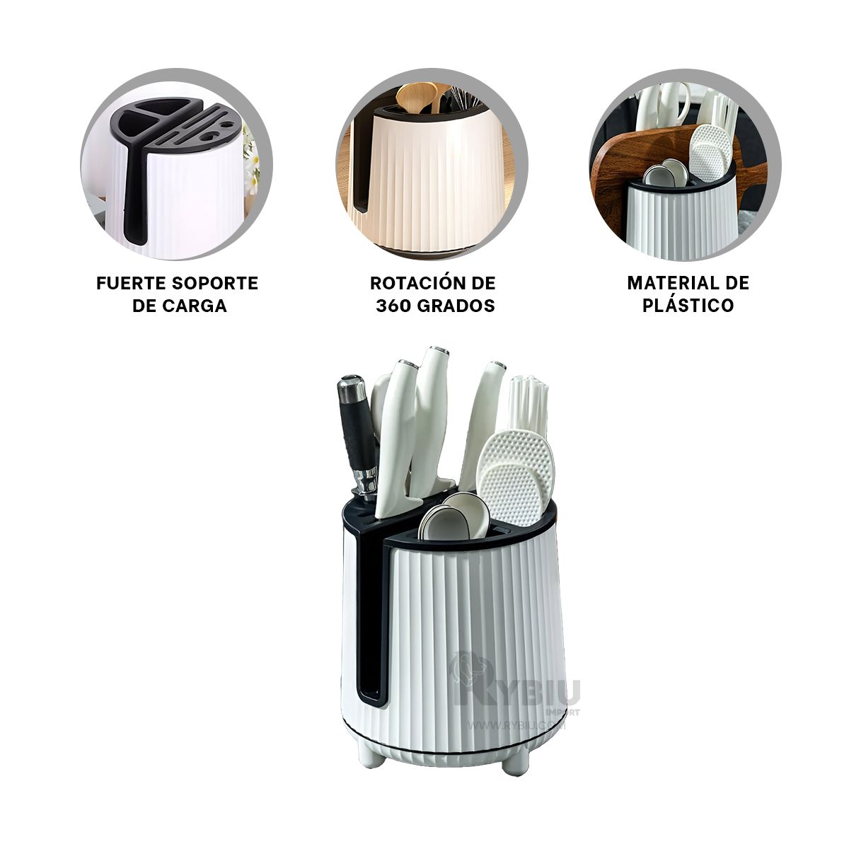 GENERICO - Organizador de Cuchillos Rotacion de 360 Grados Blanco