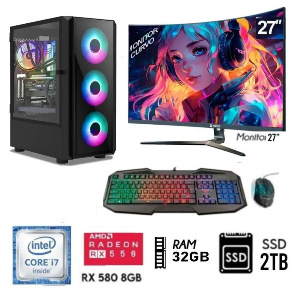 INTEL - Computadora PC Gamer Core I7 Ram 32GB  DISCO SSD 2TB Video RX 580 8GB MONITOR 27