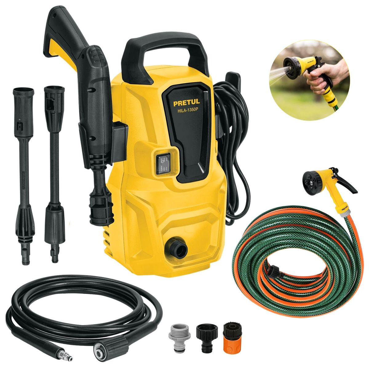 PRETUL - Combo Hidrolavadora 1350 PSI, manguera de 10m pistola de riego