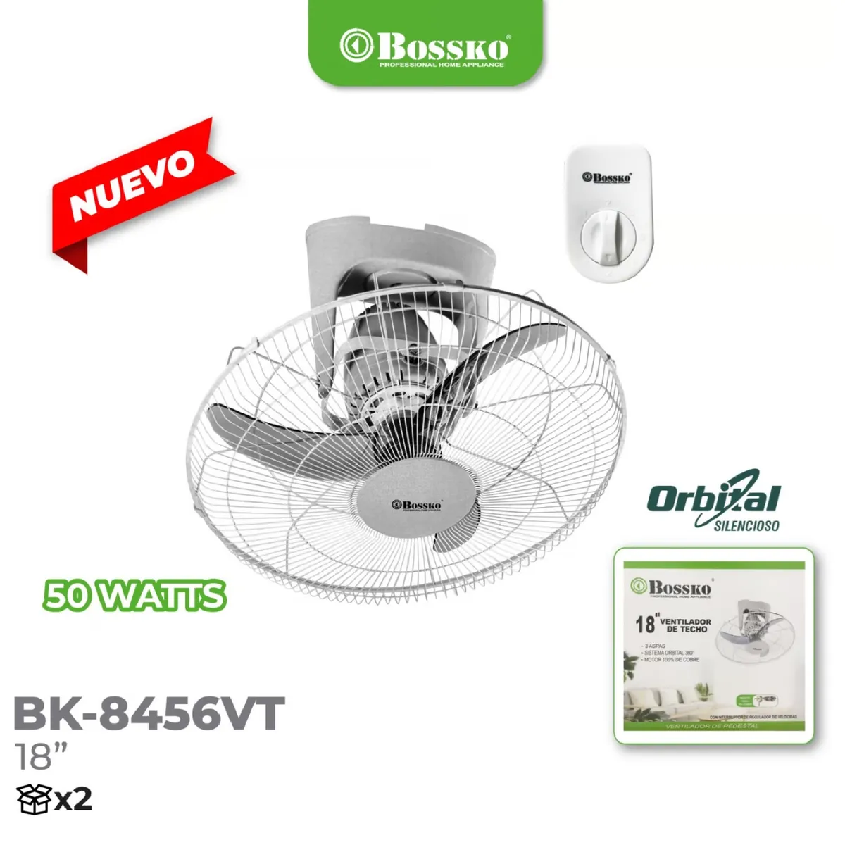 BOSKKO - Ventilador Techo Motor Silencioso 50 Wats Orbital BK-8456VT