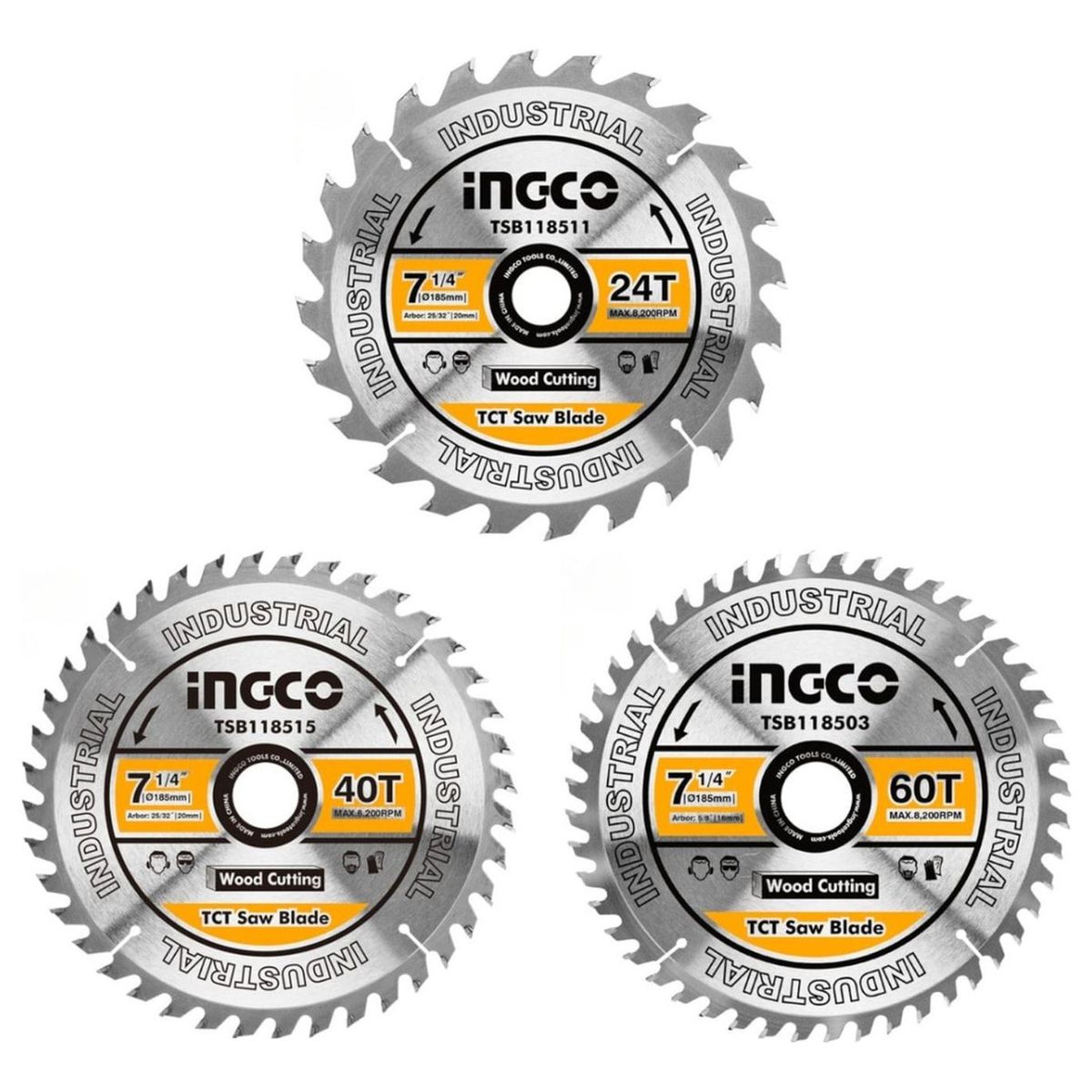 INGCO - Set de 3 discos corte madera 7 1/4" 24-40-60 dientes Ingco