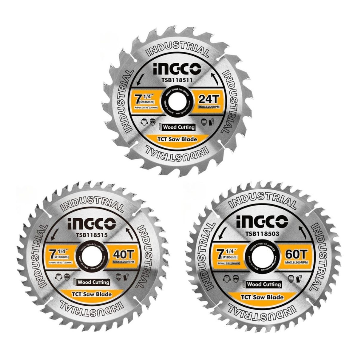 INGCO - Set de 3 discos corte madera 7 1/4" 24-40-60 dientes Ingco