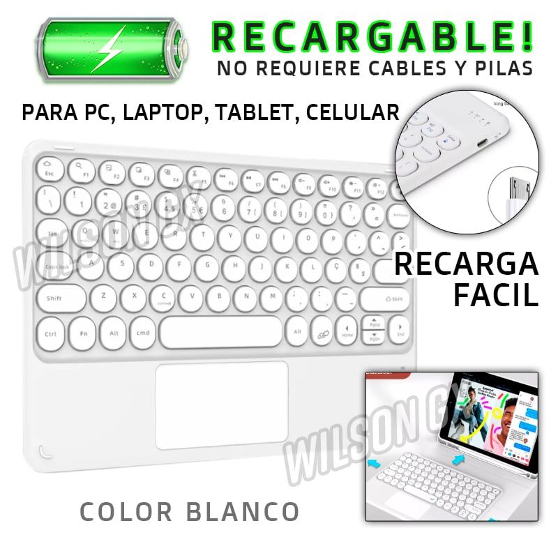 GENERICO - Teclado Bluetooth Recargable con Mouse Touchpad Ipad Tablet Blanco