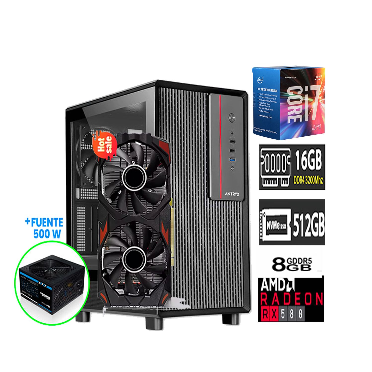 Computadora PC GAMER Core I7 6700 16GB RAM SSD 500GB Tvideo RX 580 8GB CASE RGB