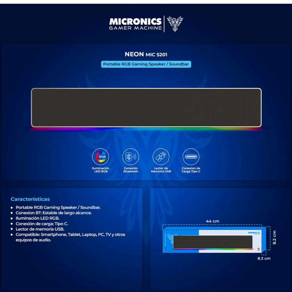 MICRONICS - Parlante Gamer Bluetooth Neon Mic S201 Portátil Luces Led Rgb