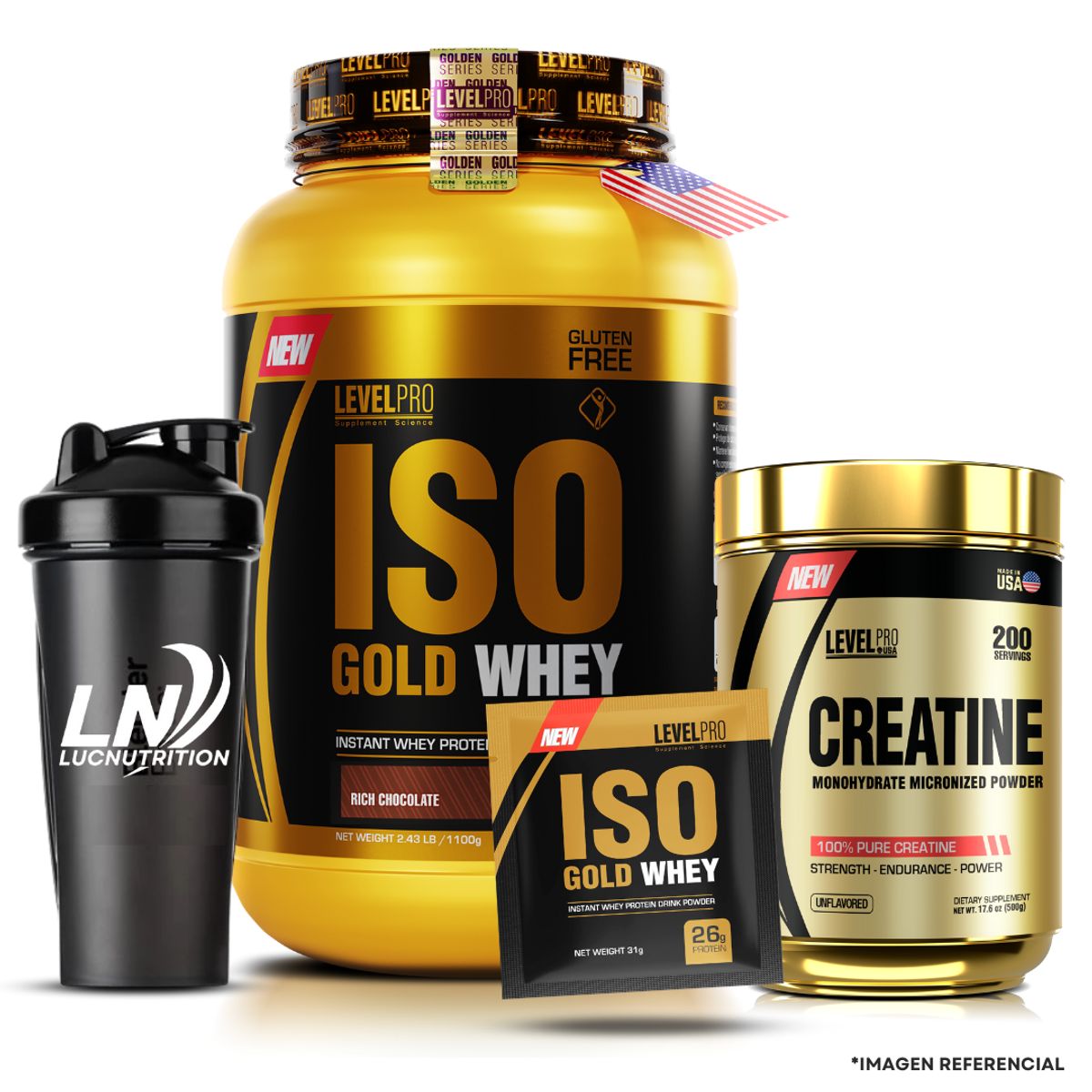 LEVEL PRO - Iso Gold Whey 1.1 Kg rich chocolate + creatina level pro 500 g + shaker + 1 sachet iso gold
