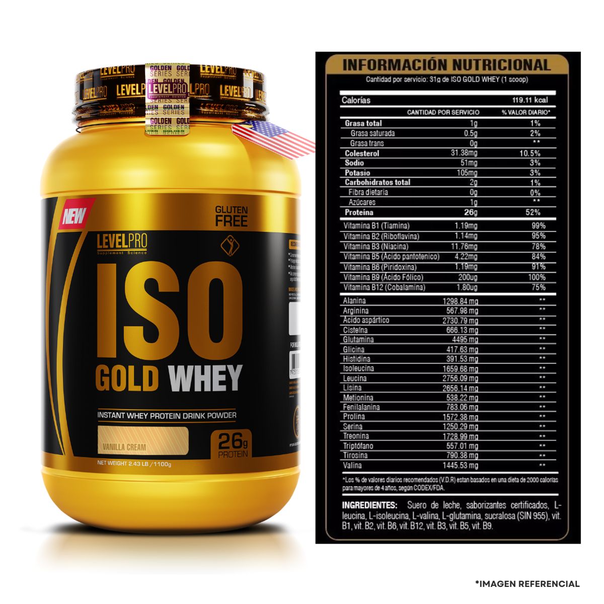 LEVEL PRO - Iso Gold Whey 1.1 Kg rich chocolate + creatina level pro 500 g + shaker + 1 sachet iso gold