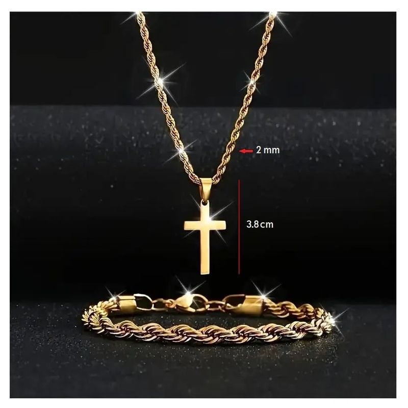 OEM - Collar Cruz + Pulsera Hombre Torcida Set Acero Inoxidable 316L