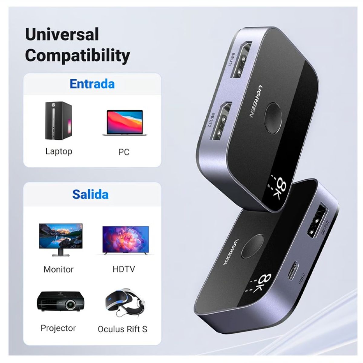 UGREEN - SWITCH DISPLAYPORT 2X1 BI-DIRECTIONAL UGREEN COD-15708 CM665 8K 30HZ