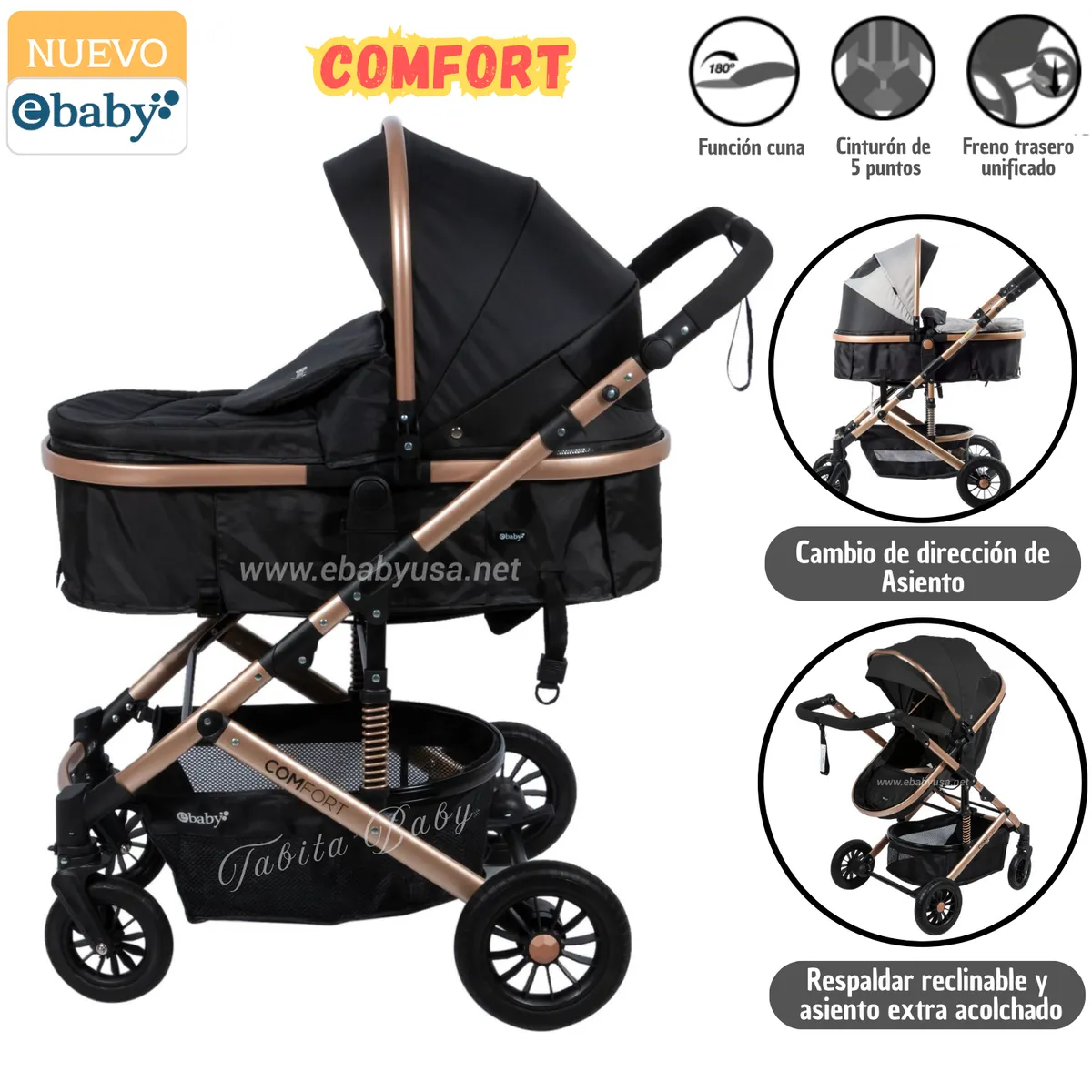 EBABY - Coche cuna moisés de lujo COMFORT negro