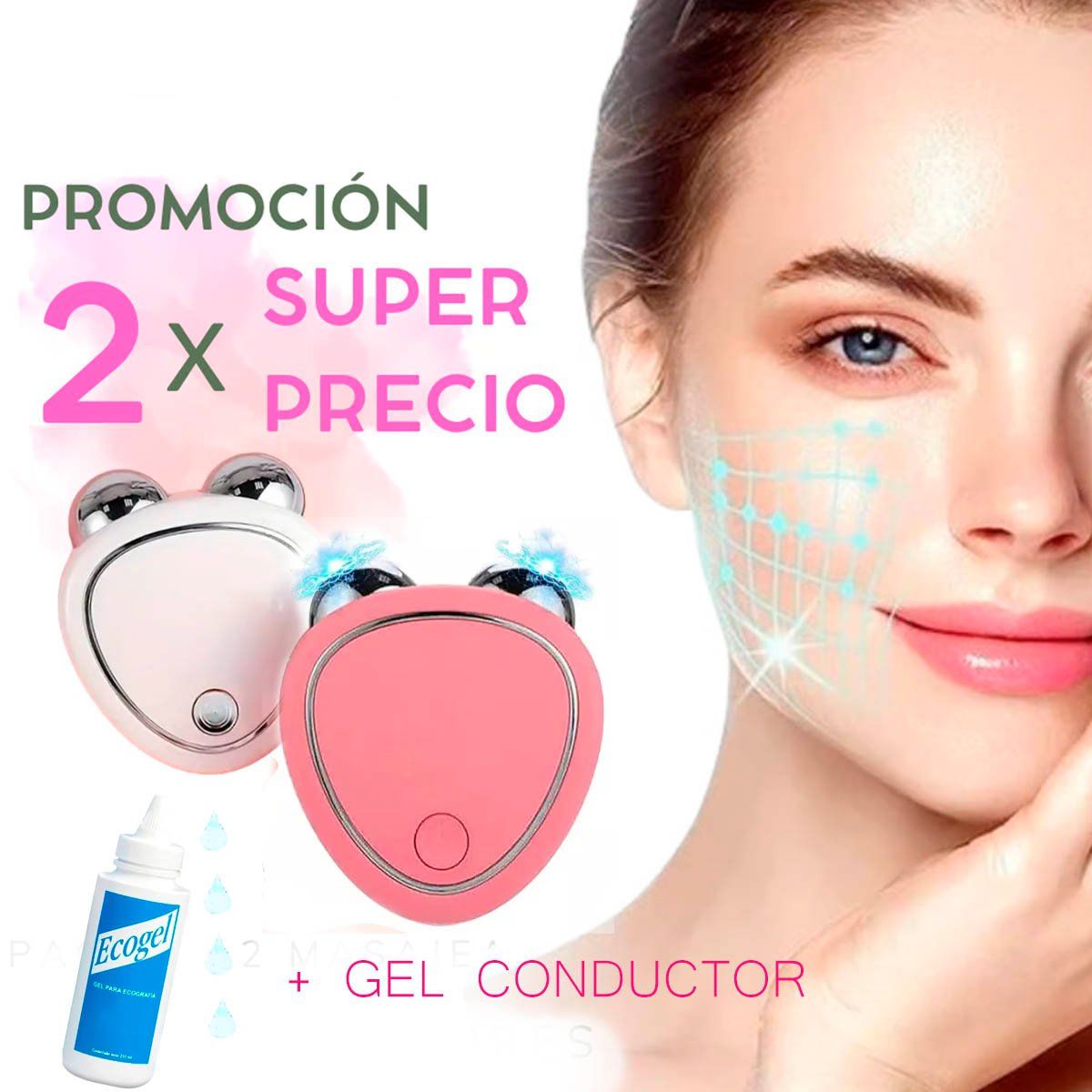 GENERICO - Pack 2 Masajeador Facial Microcorriente mas Gel coductor