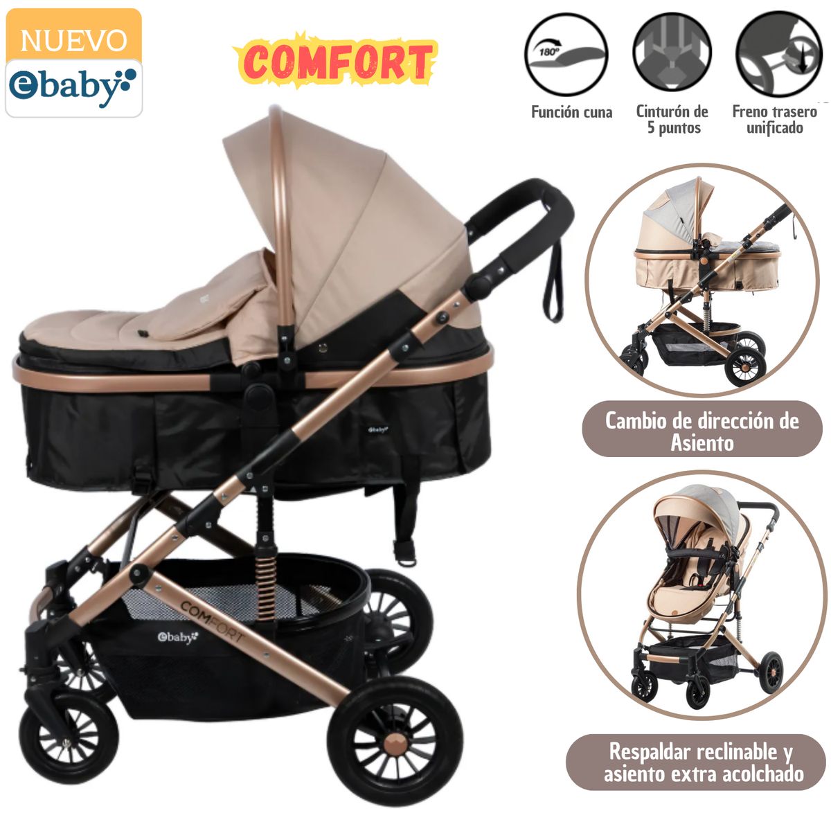 EBABY - Coche cuna moisés de lujo COMFORT beige