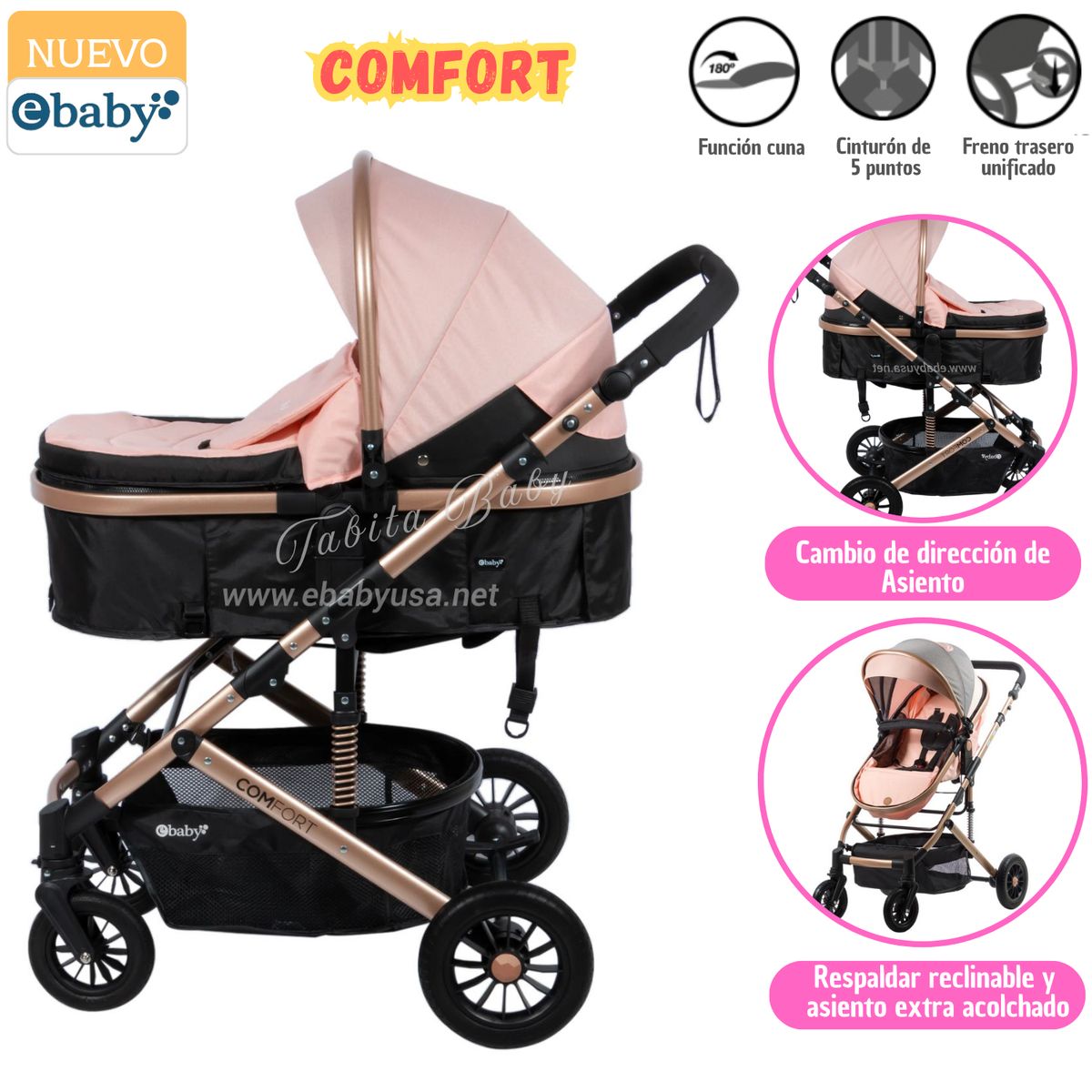 EBABY - Coche cuna moisés de lujo COMFORT rosado