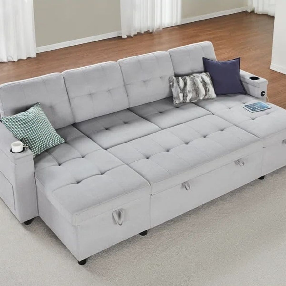 GENERICO - Sofá Seccional Cama Martina + Baúl + Porta vasos - Gris Claro