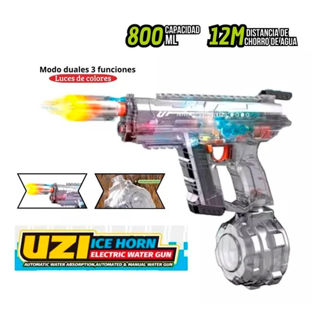 GENERICO - PISTOLA DE AGUA UZI ELECTRICA 2025 NEGRO CON LUCES