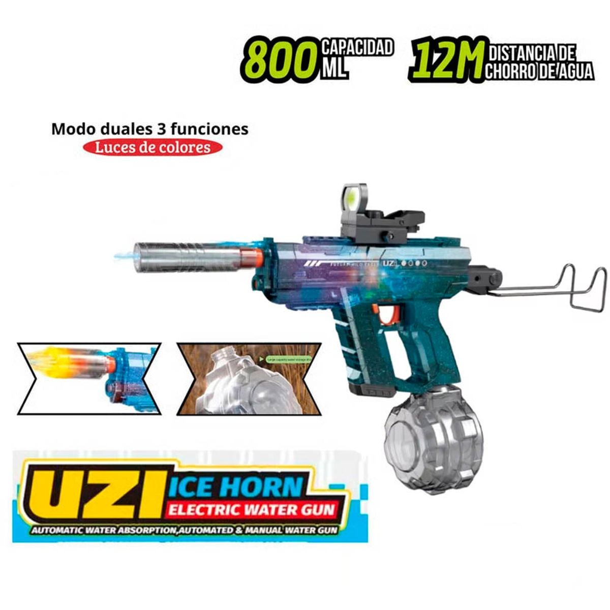 GENERICO - PISTOLA DE AGUA UZI ELECTRICA 2025 VERDE CON LUCES