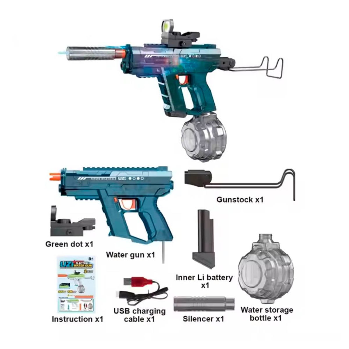 GENERICO - PISTOLA DE AGUA UZI ELECTRICA 2025 VERDE CON LUCES
