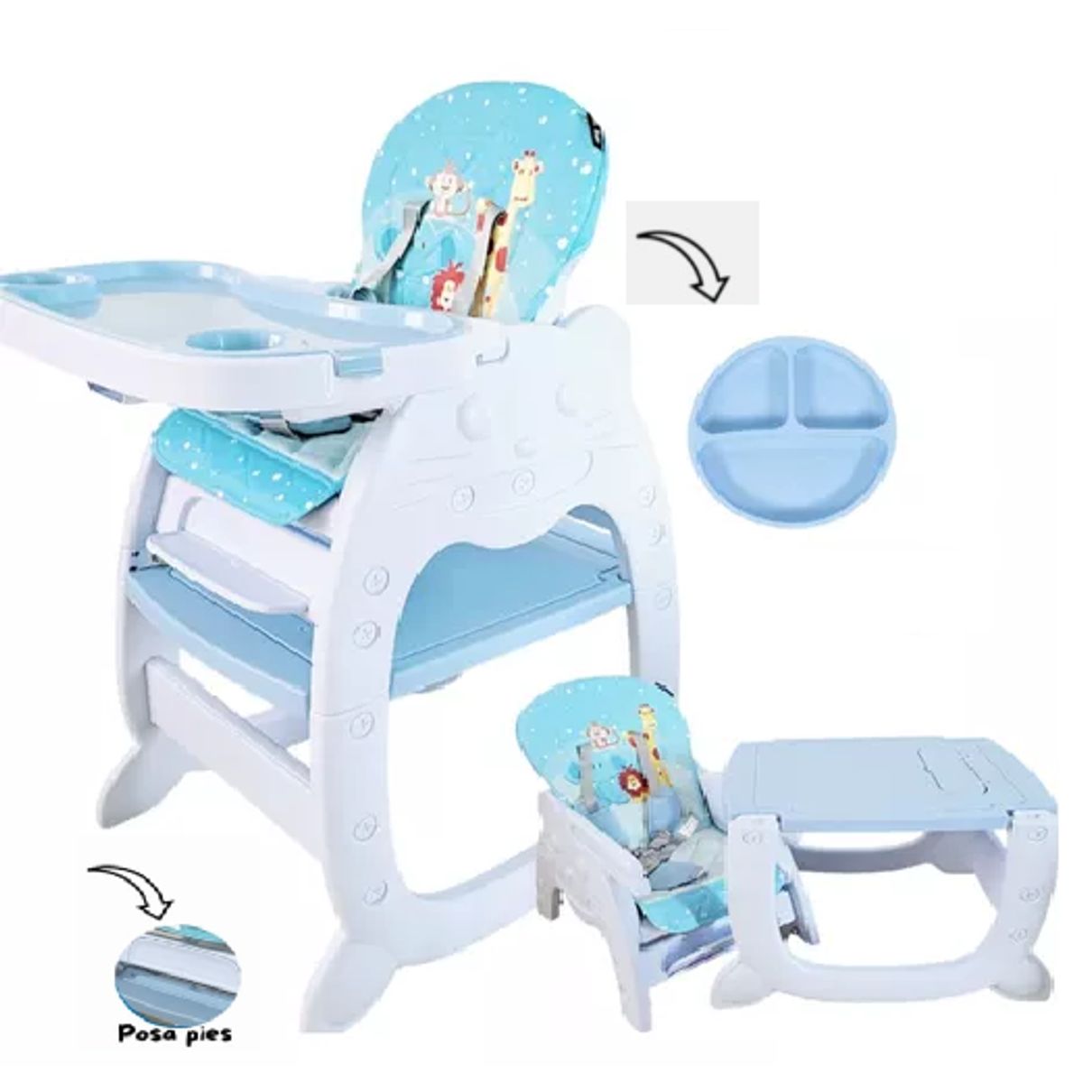 BABY HAPPY - Silla de Comer para Bebe Carpeta  Plato Silicona Celeste