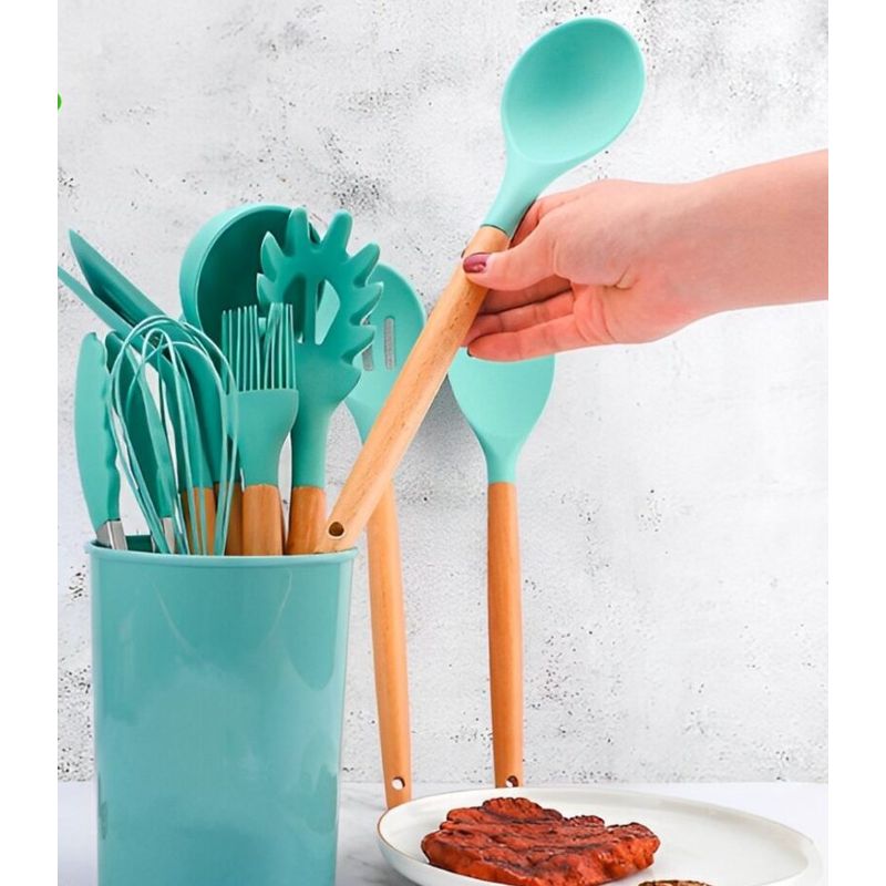 GENERICO - Juego de utensilios de cocina de silicona 11 piezas verde jade