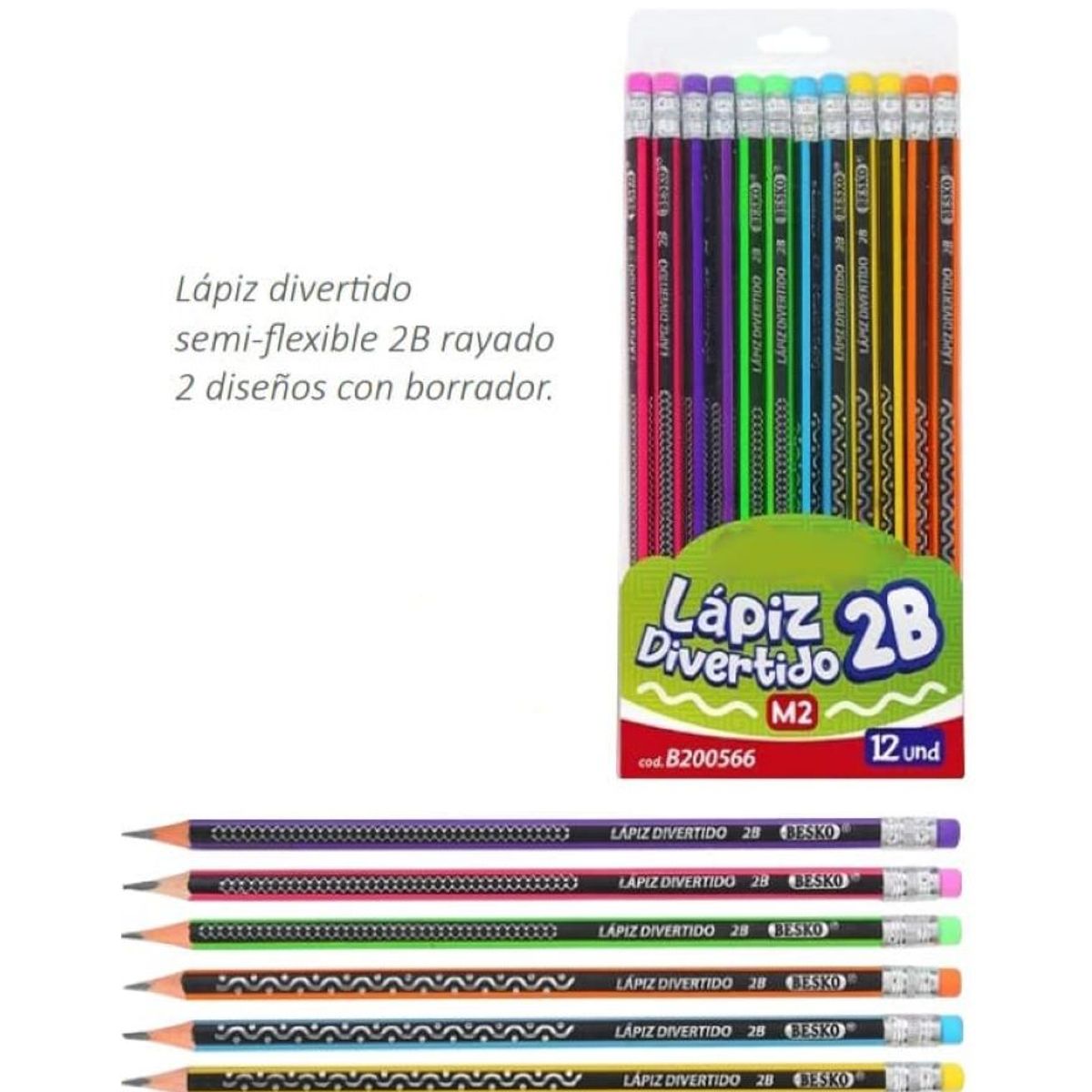GENERICO - LAPIZ 2B SEMI FLEXIBLE CON BORRADOR - MULTICOLOR