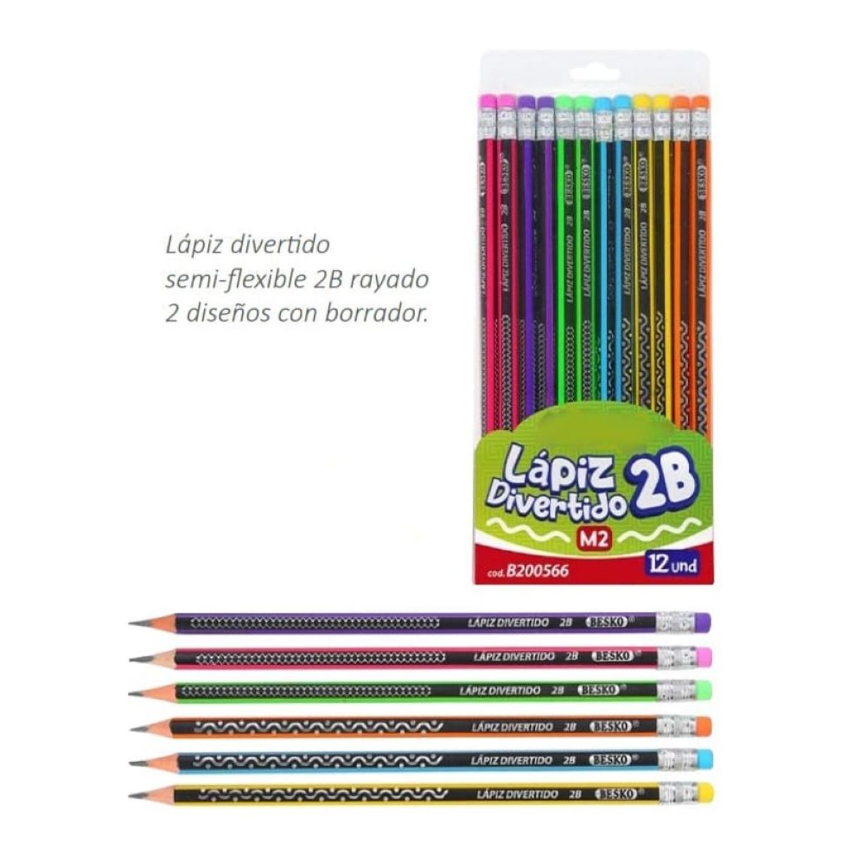 GENERICO - LAPIZ 2B SEMI FLEXIBLE CON BORRADOR - MULTICOLOR