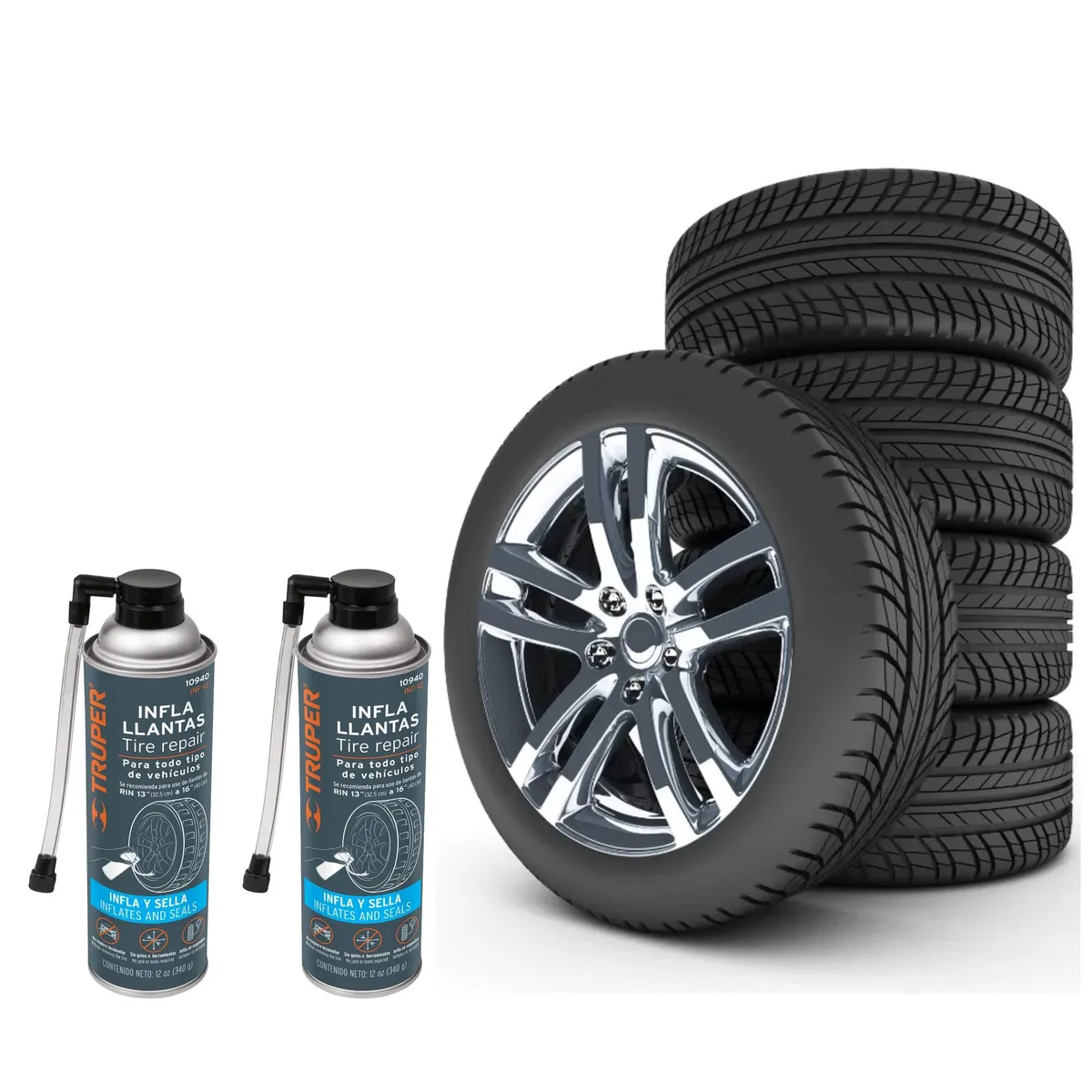 TRUPER - Sellador de llantas inflador 450 ML12 OZ, 2 UNIDADES TRUPER