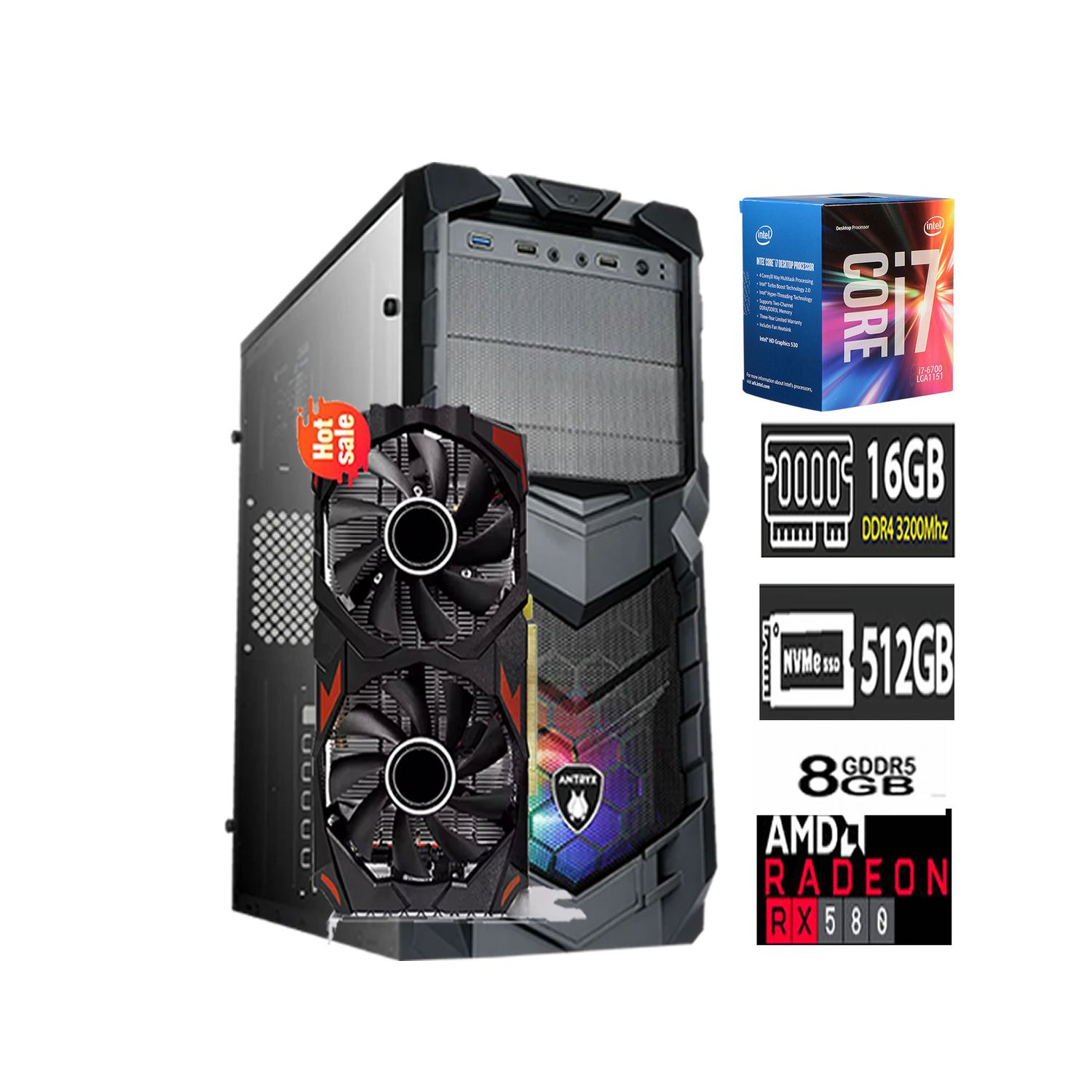 Computadora PC GAMER Core I7 6700 16GB RAM SSD 500GB Tvideo RX 580 8GB CASE RGB
