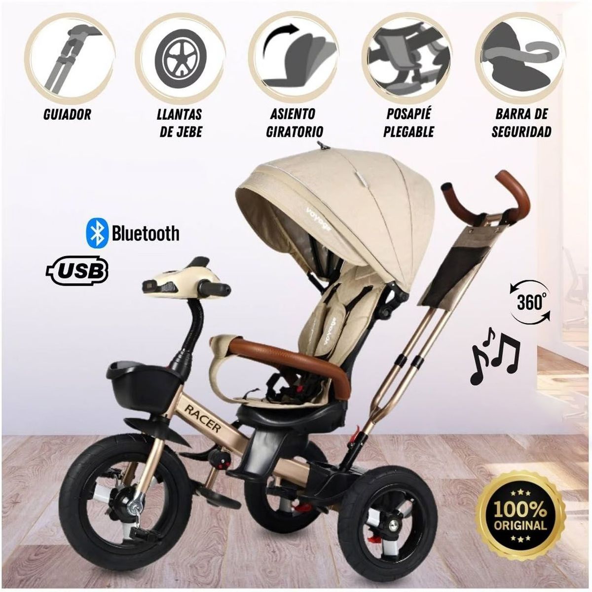 VOYAGE - Triciclo Guiador para Niños Usb y Bluetooh «Racer» Beige