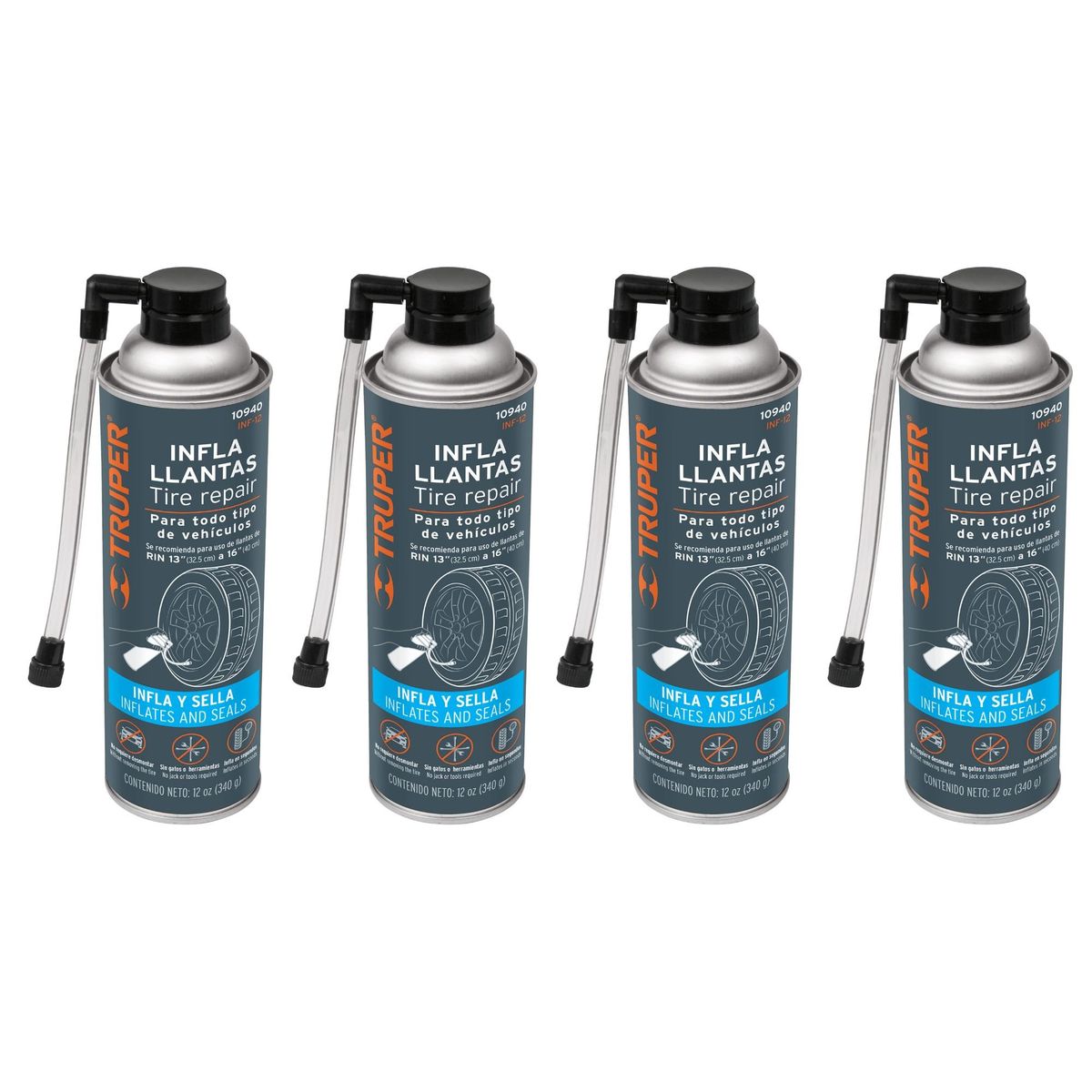 TRUPER - Sellador de llantas inflador 450 ML12 OZ, Pack 4 Truper