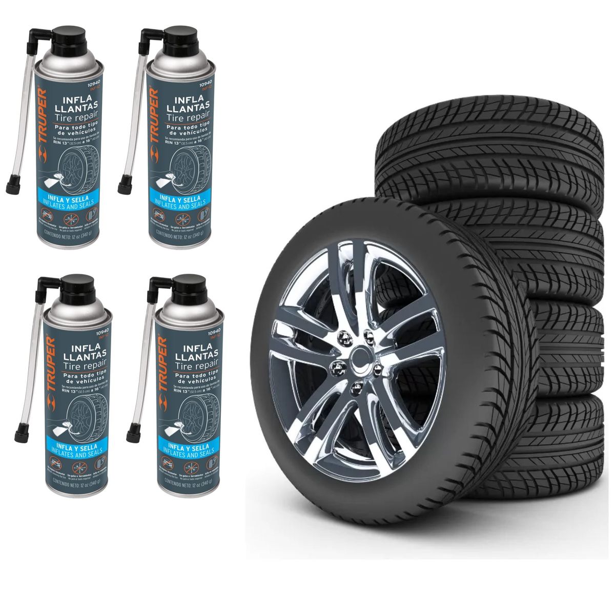 TRUPER - Sellador de llantas inflador 450 ML12 OZ, Pack 4 Truper