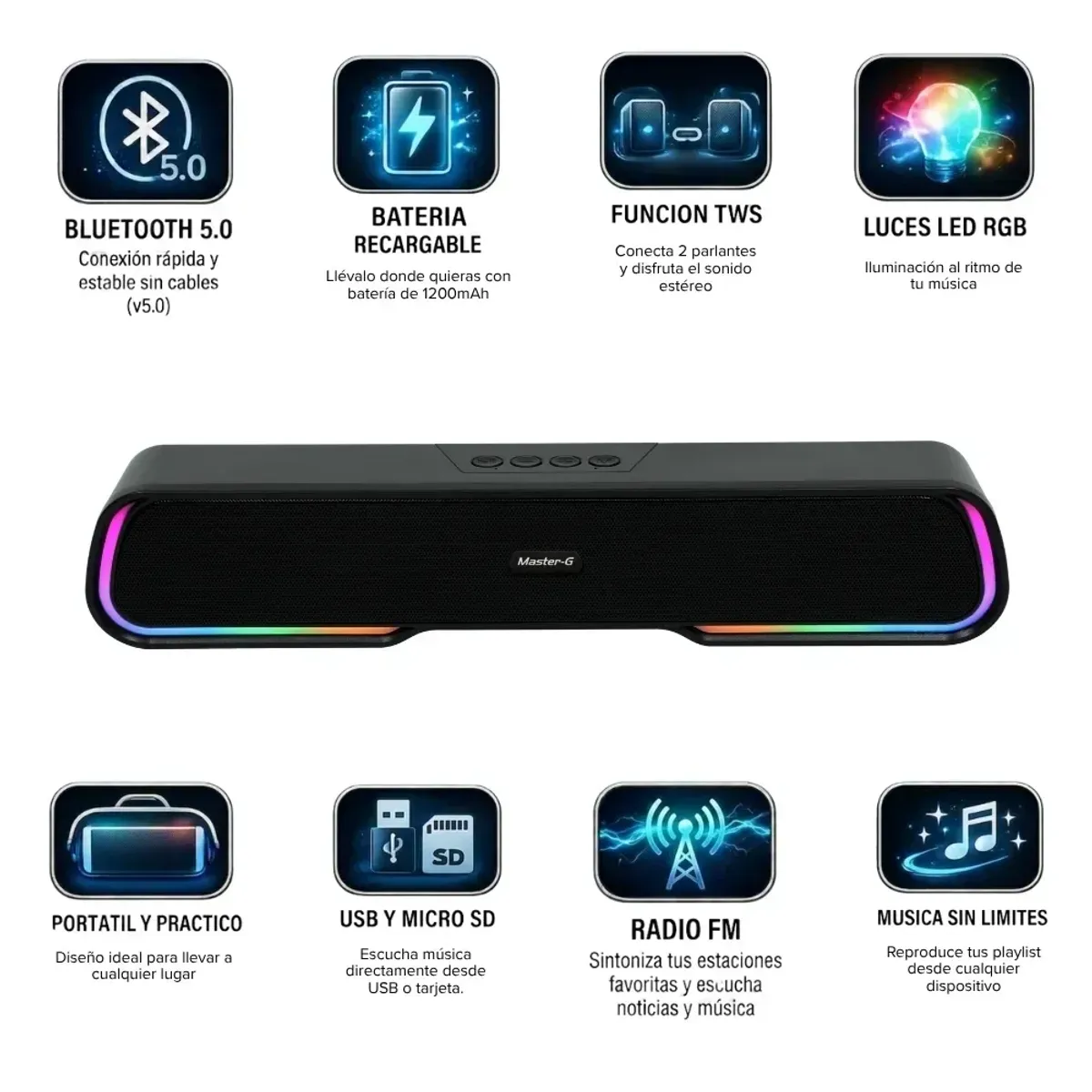 MASTER G - Parlante Soundbar Gamer Master-G Barra de Sonido Bluetooth 5.0 RGB TWS para PC y TV