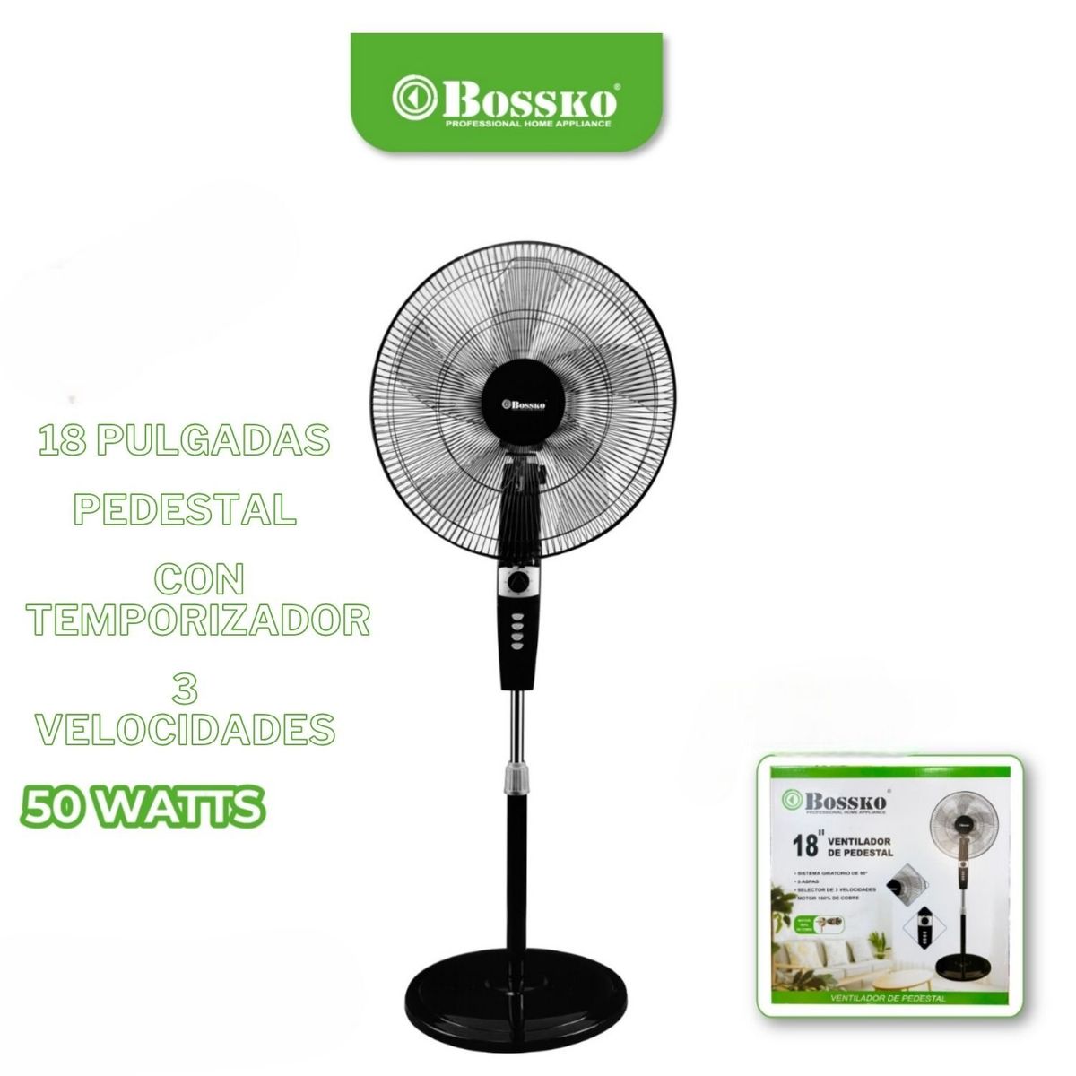 BOSSKO - Ventilador de pedestal 18" BOSSKO BK8459VN 50 W con Temporizador Negro