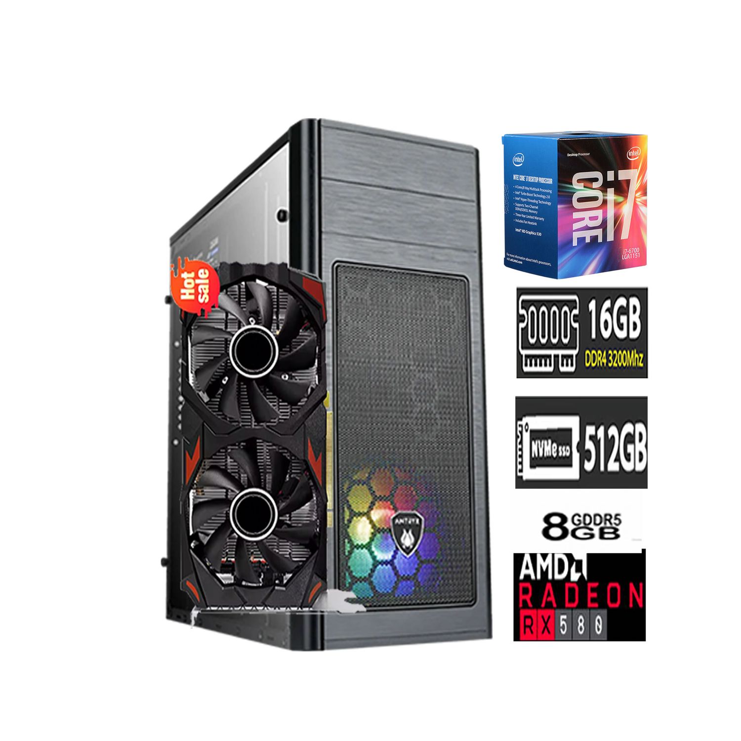 Computadora PC GAMER Core I7 6700 16GB RAM SSD 500GB Tvideo RX 580 8GB CASE RGB