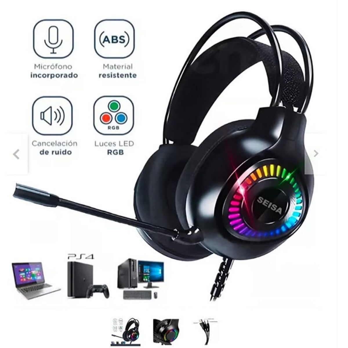 SEISA - Audífonos Gamer con Luz LED RGB Micrófono para PC PS4 Laptop