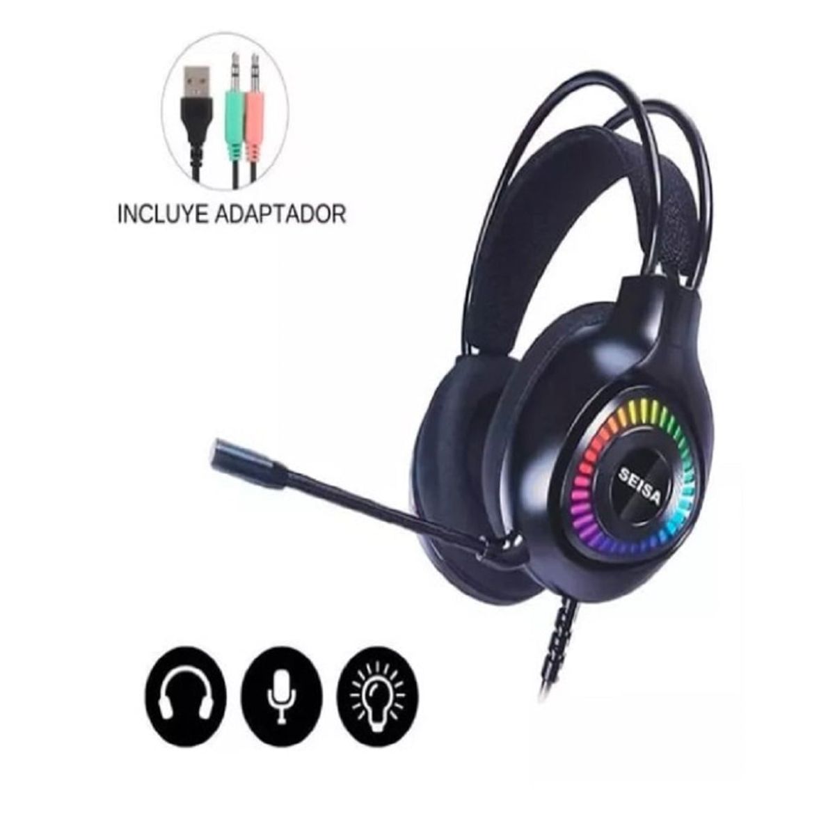 SEISA - Audífonos Gamer con Luz LED RGB Micrófono para PC PS4 Laptop