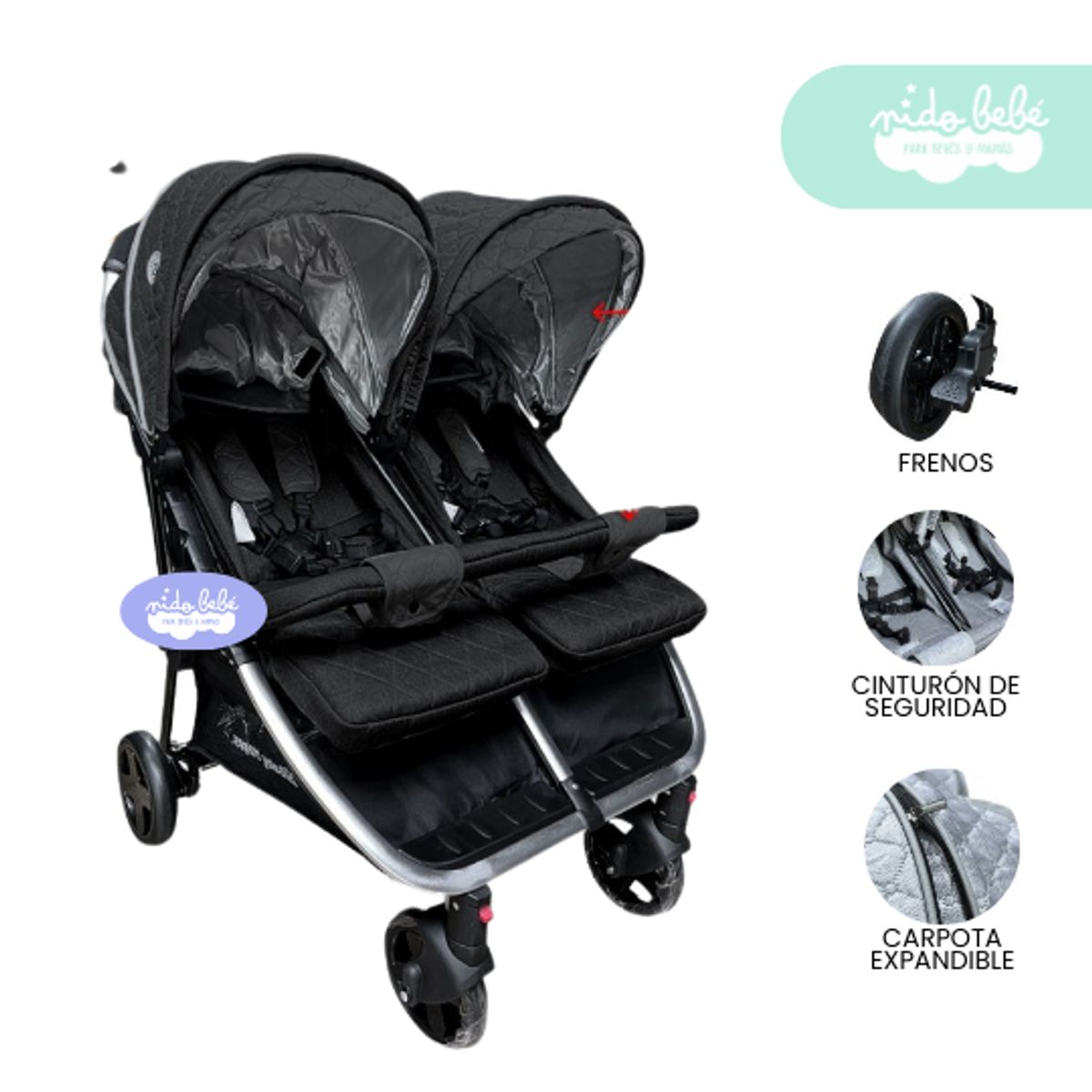 GENERICO - Coche Mellicero Gemelar para bebe Sevilla black
