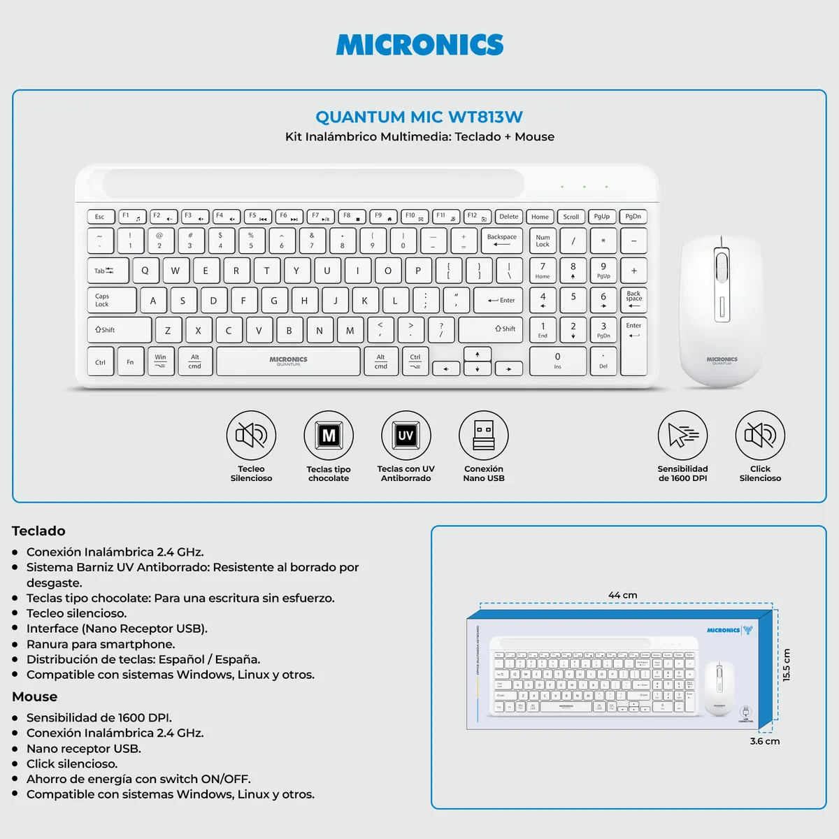 MICRONICS - KIT QUANTUM WHITE MIC WT813W TECLADO+MOUSE WIFI MICRONICS