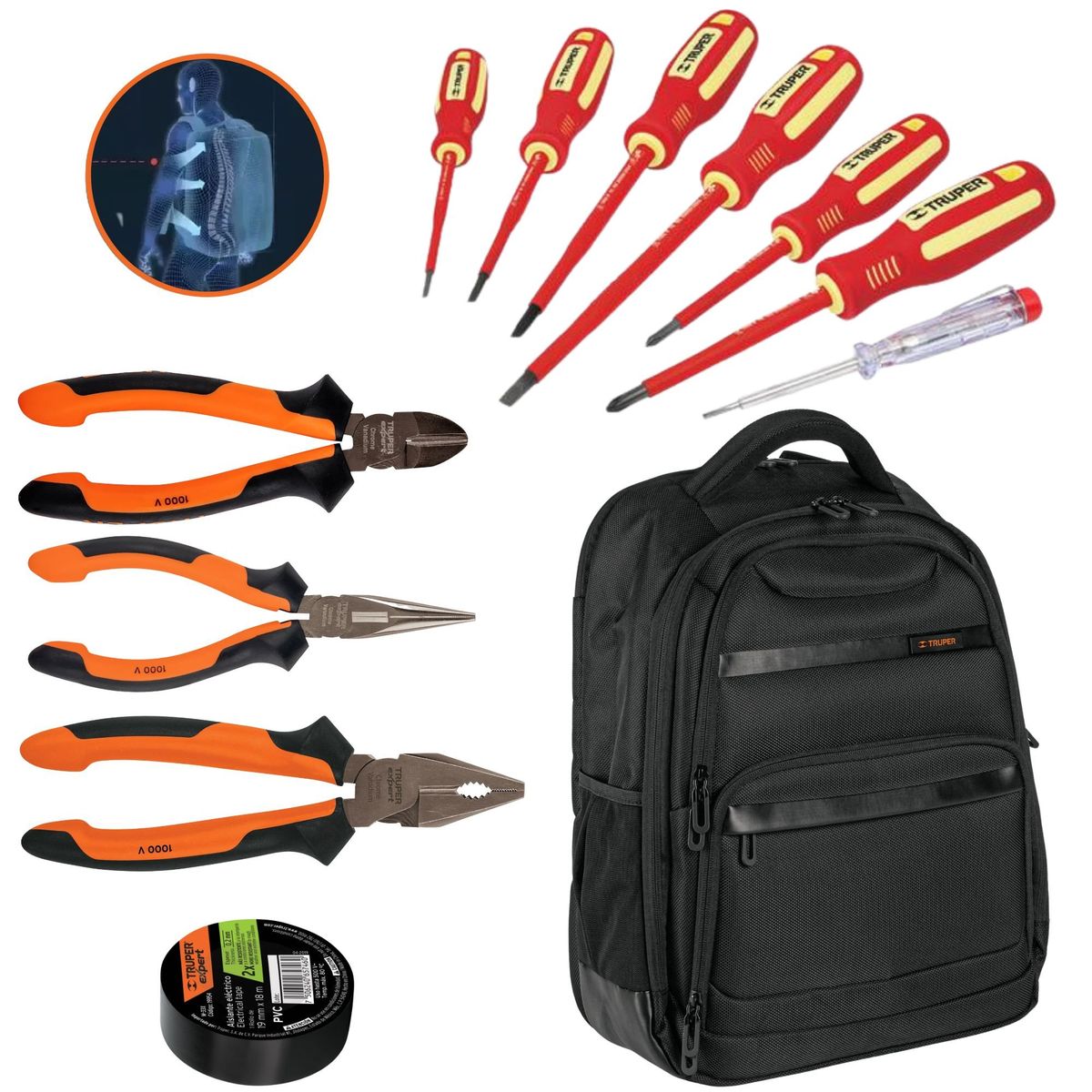 TRUPER - KIT alicates dieléctricos, 6 desarmadores 1000V,  MOCHILA