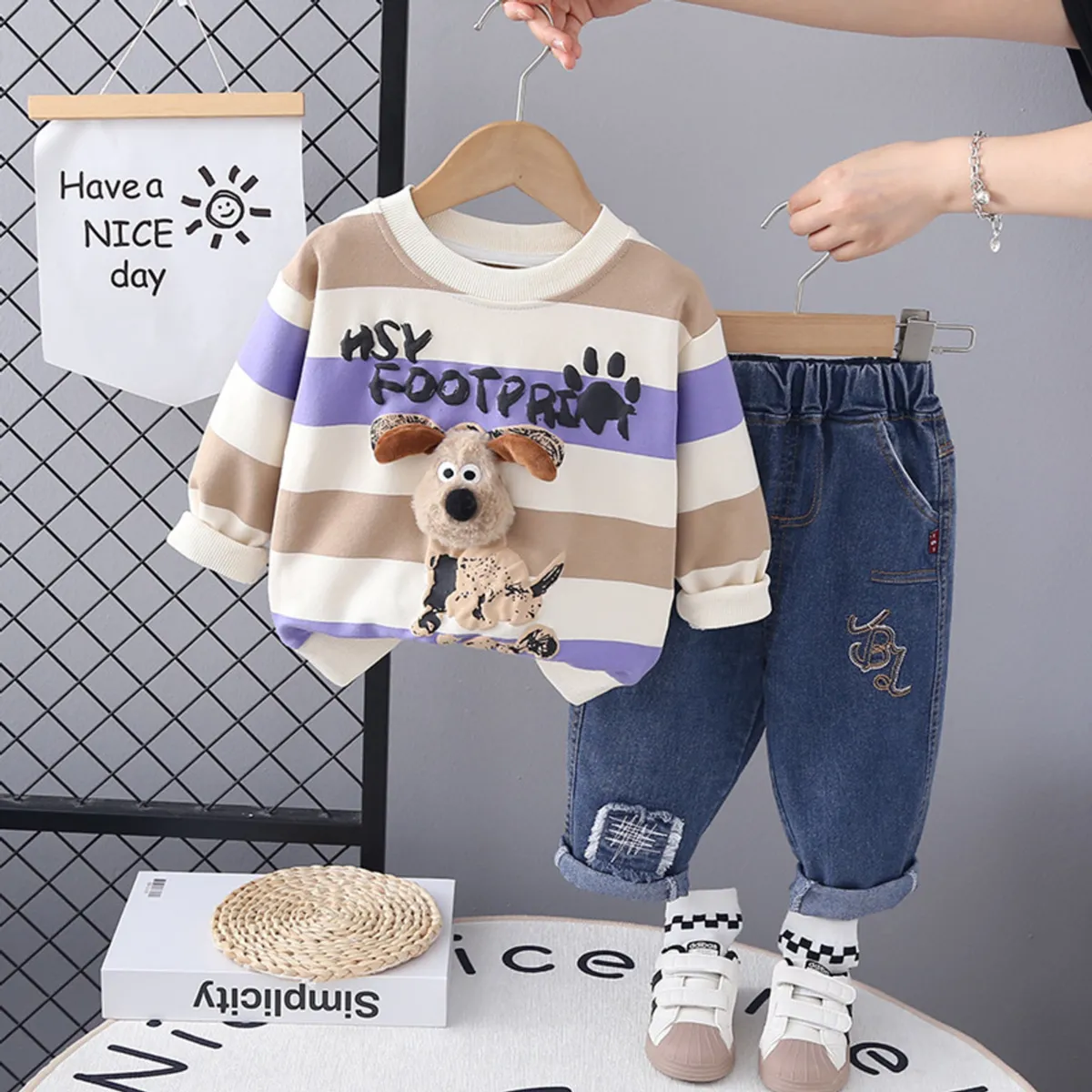 GENERICO - ROPA  PARA NIÑO DISEÑO DE PERRITOS CON RAYAS -2 PIEZAS