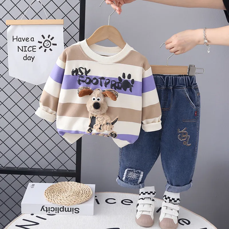 GENERICO - ROPA  PARA NIÑO DISEÑO DE PERRITOS CON RAYAS -2 PIEZAS