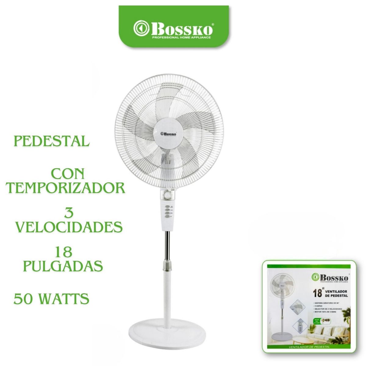 BOSSKO - Ventilador de pedestal 18 BOSSKO BK8457VB 50W con Temporizador Blanco