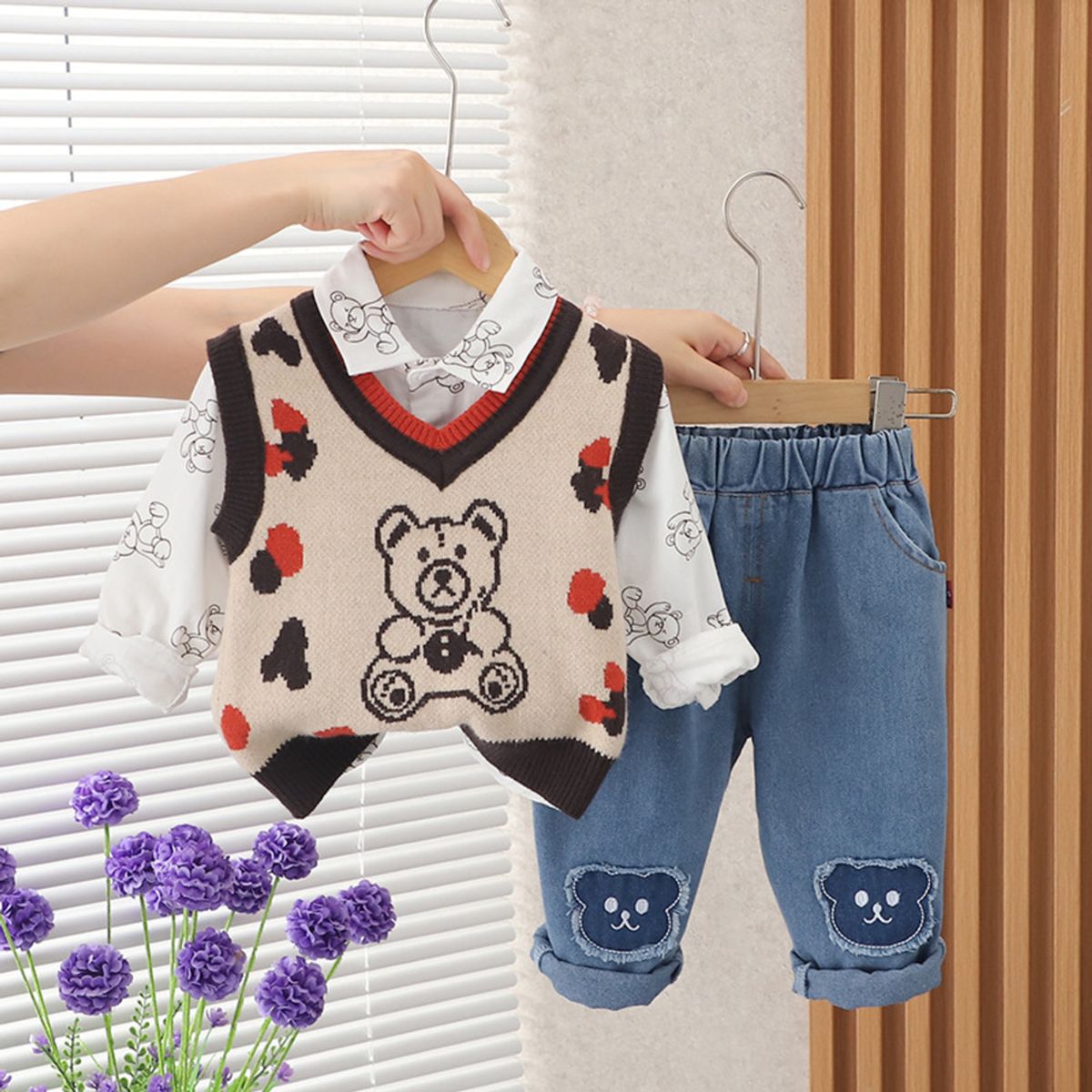 GENERICO - ROPA DE NIÑO DE OSO DE 3 PIEZAS (CHALECO+ PANTALON+ CAMISA)