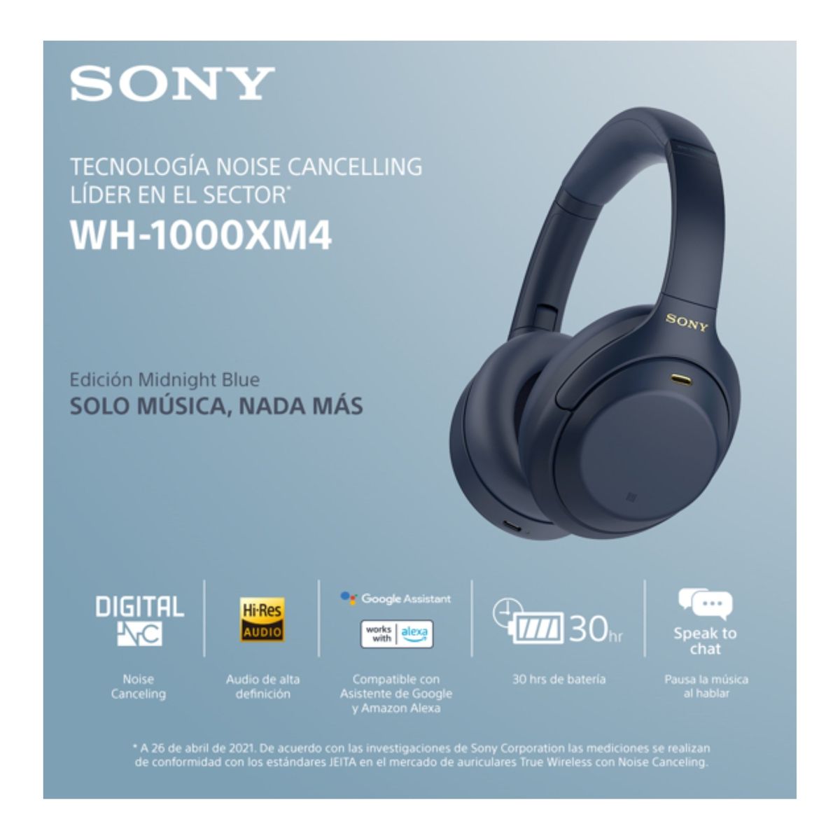 SONY - Audífonos Noise Cancelling con Bluetooth Sony WH-1000XM4 - Azul