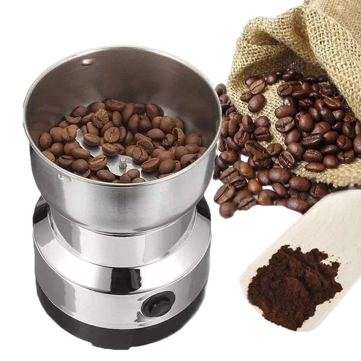 GENERICO - MOLINILLO ELÉCTRICO DE 4 ASPAS TRITURADOR DE CAFÉ PLATEADO