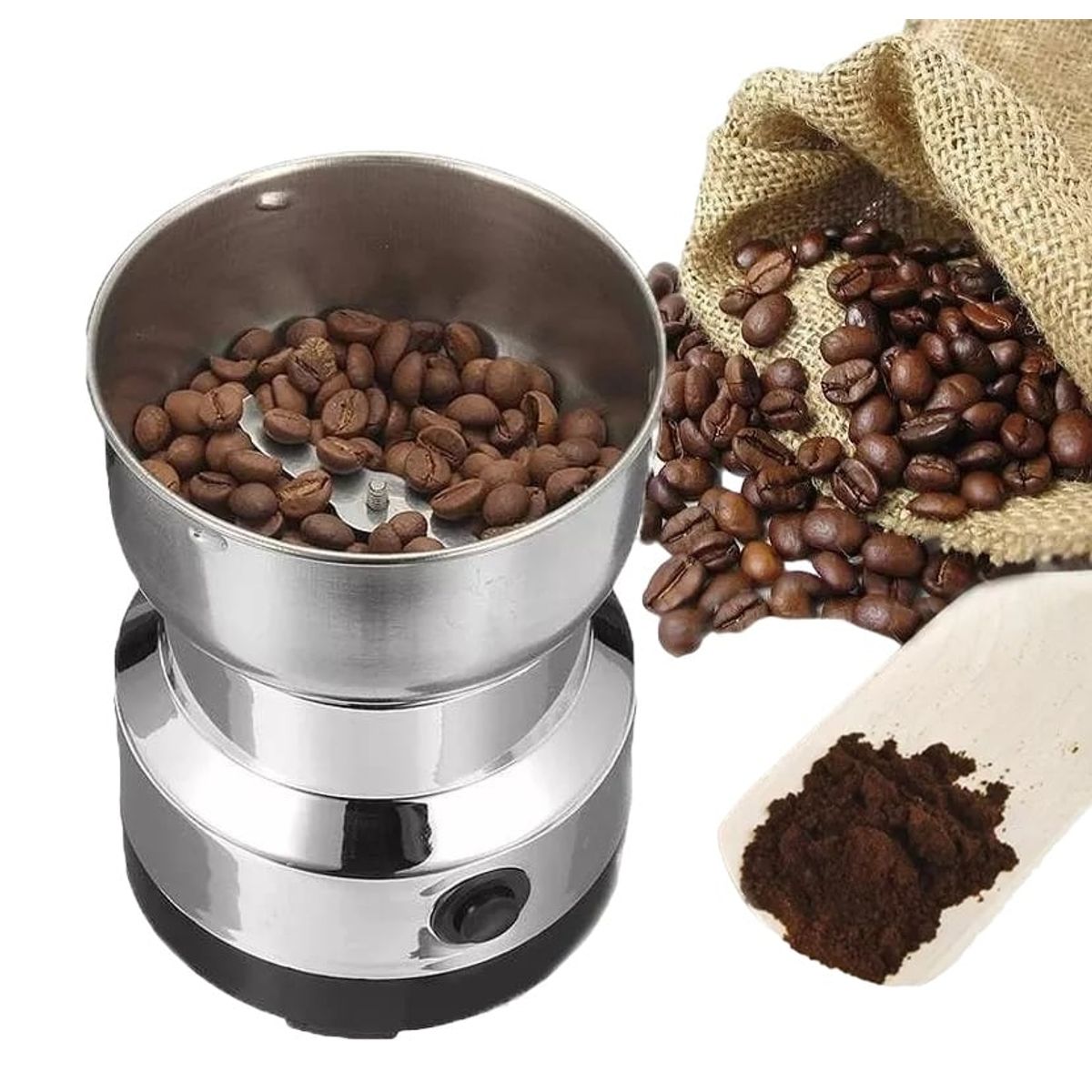 GENERICO - MOLINILLO ELÉCTRICO DE 4 ASPAS TRITURADOR DE CAFÉ PLATEADO